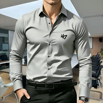 Men's Premium Business Casual Shirt MILANO Logo Print Slim Fit Long Sleeve Wrinkle Resistant Dress Shirt Multi Styles Available