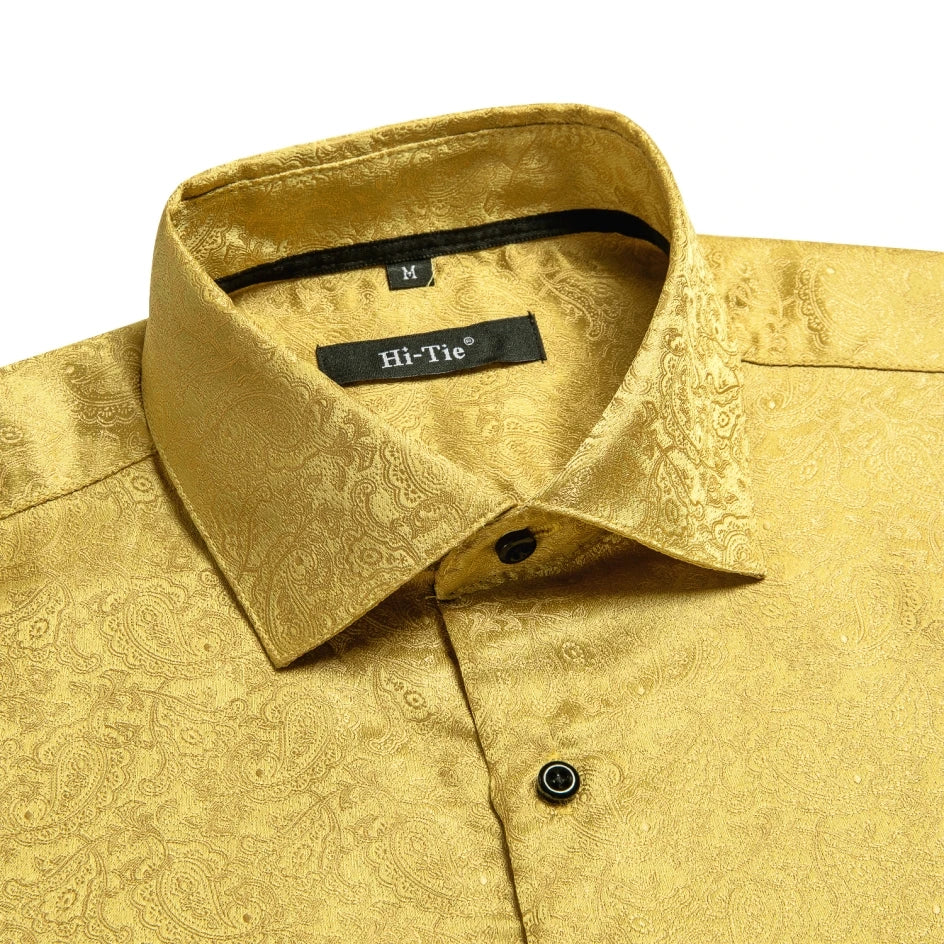 Hi-Tie Mens Shirts Jacquard Paisley Floral Long Sleeve Lapel Shirt Blouse Outerwear Wedding Office Breathable High Quality