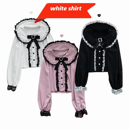 Jirai Kei Lolita Blouse Kawaii Top Women Cute Japanese Style Shirt with Bow Y2K Elegant Long Sleeve Sweet Casual Aesthetic Tops