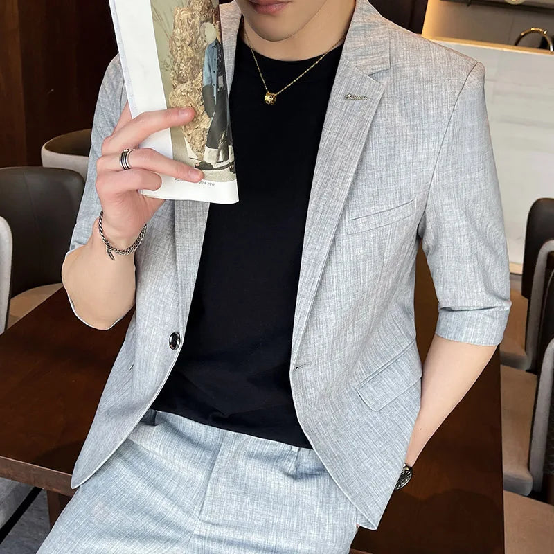 Men's Summer New Slim Fit 3/4 Sleeve Blazer Set Thin Seven-Point Sleeve Suit Outfit Casual Business Two-Piece Set