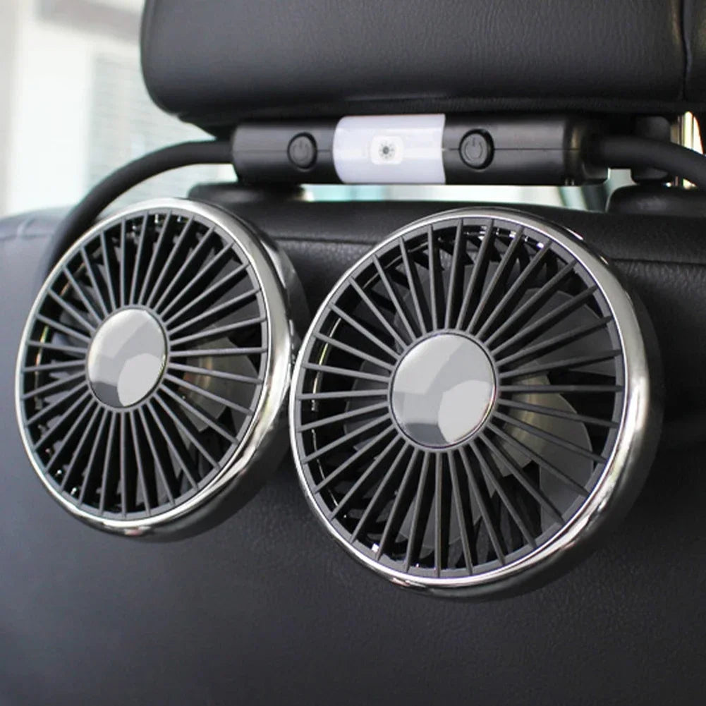 360° Rotation Double Head Car Back Seat Fan 3-speed Wind Adjustment USB Auto Cooling Fans for Summer Car Accessorie