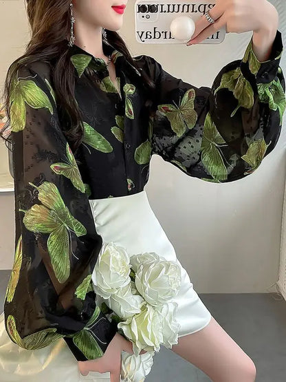Elegant Ladylike  Print Loose Lantern Sleeve Chiffon Shirt  Collar Long Sleeve Regular Fit Commute Style Women's...