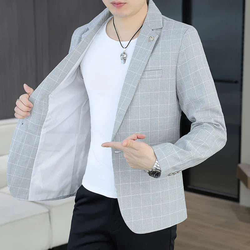 Blazer  Outdoor Men's Cycling Fashion Business Casual Checkered Korean Version Personalized Hiking Wedding Formal Wear Blazer