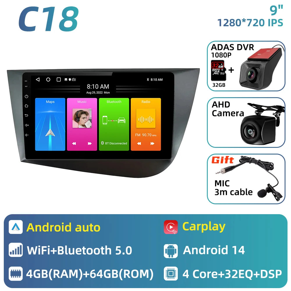 Carplay For Seat Leon 2 MK 2 2005 - 2012 Car Radio Car Multimedia Player Android Auto GPS Navigation Head Unit Stereo 2 Din 4G