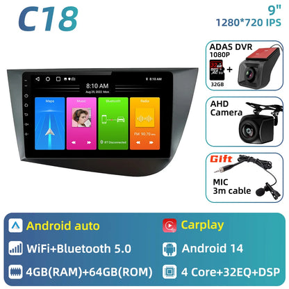 Carplay For Seat Leon 2 MK 2 2005 - 2012 Car Radio Car Multimedia Player Android Auto GPS Navigation Head Unit Stereo 2 Din 4G