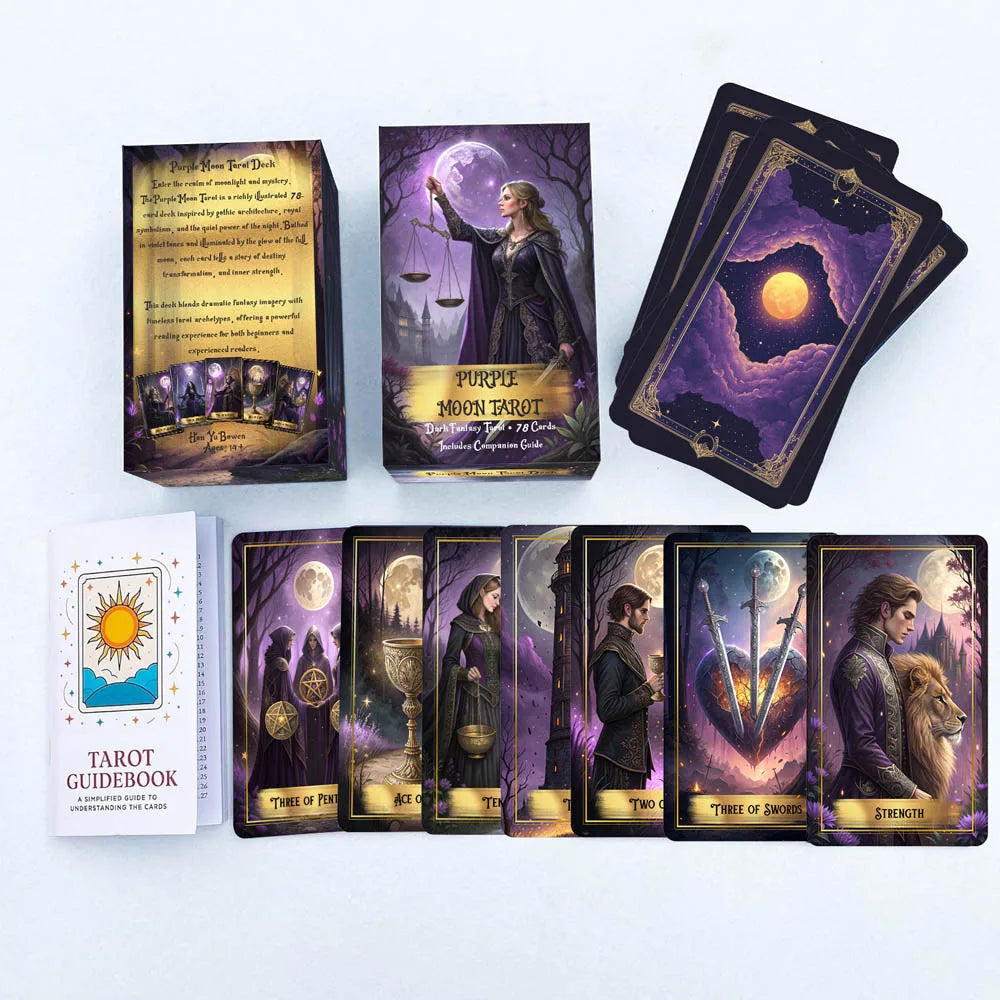 Purple Moon Tarot Cards Set, 78 Pieces, 13x8 Cm, Includes Paper Instructions, Perfect for Beginners, Enter Mystical Realm