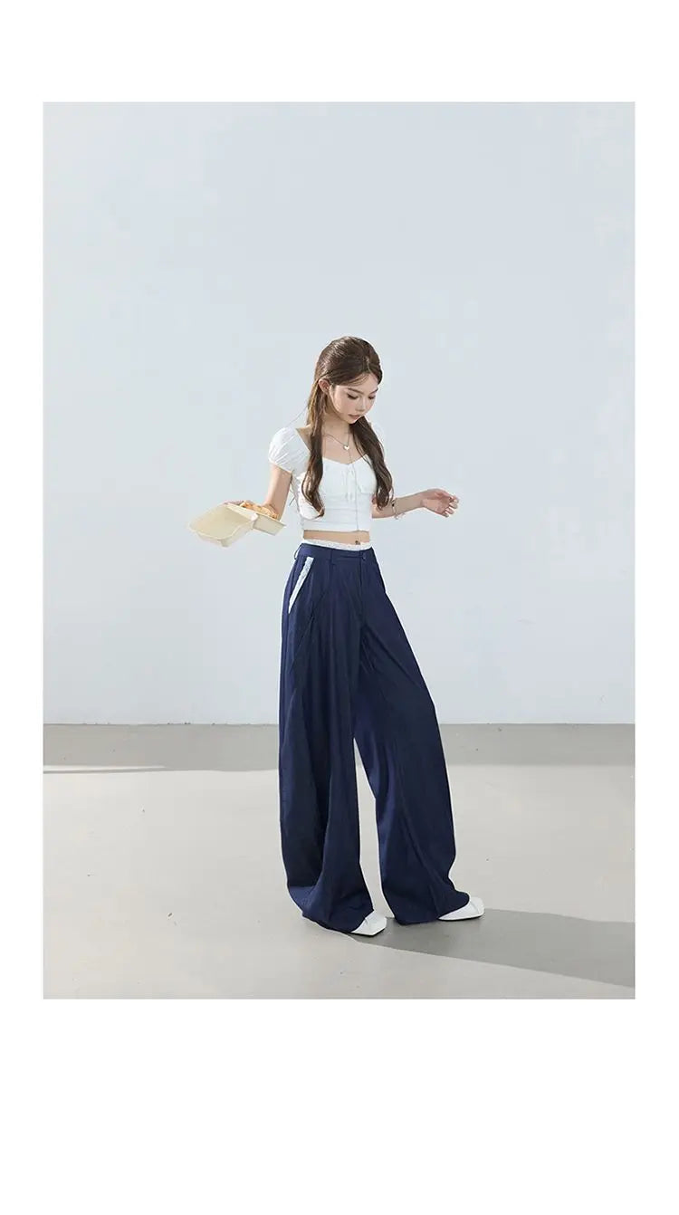 American-style retro loose wide-leg pants, lightweight curved pants, cool lace splicing, versatile casual pants for women