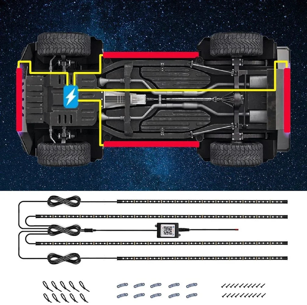 Neon LED Car Bottom Underglow Strip Lights Bar with Remote APP 16 Million Color Music DIY RGB Exterior Underbody Light 120x150cm