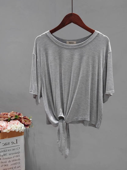 Ultra Soft Skin-Friendly Modal Summer Loose Short Sleeve T-Shirt Women's Asymmetrical Knot Waist Yoga Top Korean Style