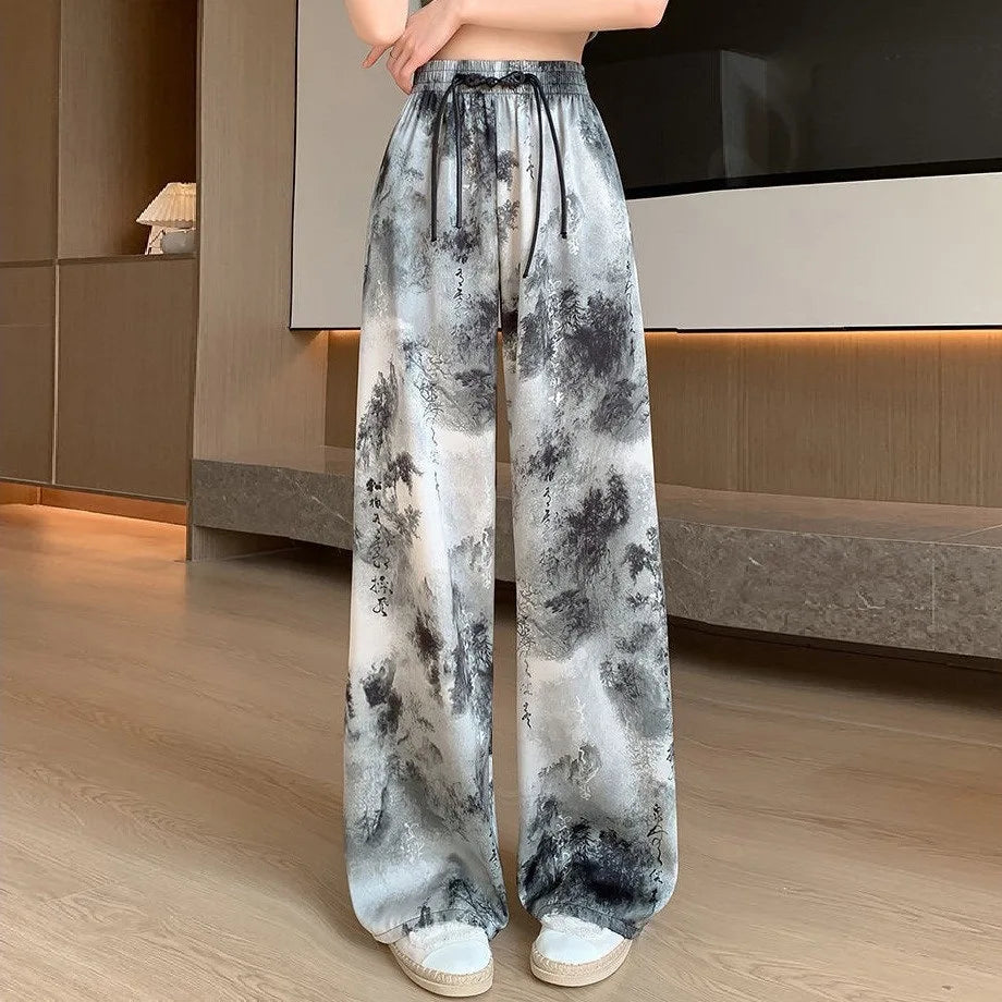 Summer Casual Loose Wide Leg Pants Women's Tie Dye Ink Ice Silk Loose Leopard Print Ethnic Style Long Pants Casual Trousers
