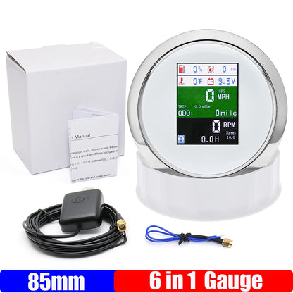 6 In 1 85mm Gauge GPS Speedometer+Tachometer+Fuel Level Gauge+Oil Pressure+Water Temp+Voltage for Car Boat Marine 12V24V Custom