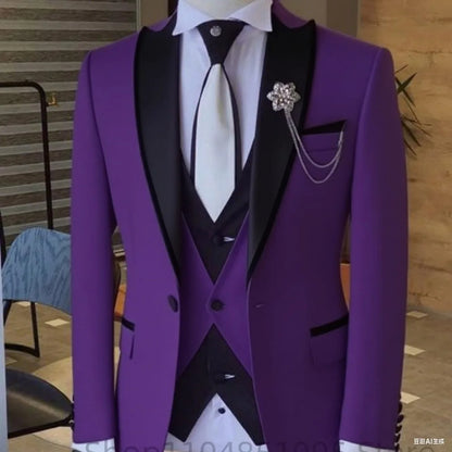 Men's Solid Slim Fit 3-Piece Business Suit Set with Blazer Vest And Pants for Wedding Party Luxury Fashion Tuxedo