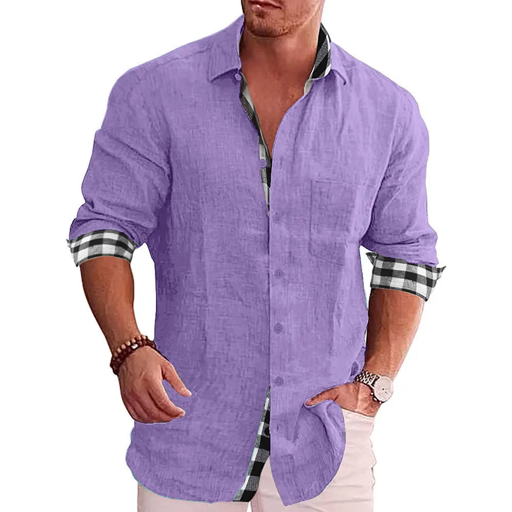 Men's Casual Long Sleeve Cotton Linen Shirt with Checkered Cuff and Pocket Design - Comfortable, Breathable, Plus Size Available