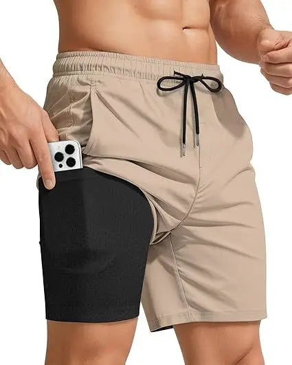2026 Summer Men's Swim Trunks 5 Inch With Compression Liner Board Shorts Bathing Suits Pockets Beach Swimsuits Surfing LYZ095