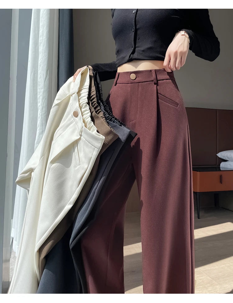 Seoulish Autumn Elegant Women's Wide Leg Pants 2024 New Korean Solid Button Casual Loose Office Full Length Trousers Female