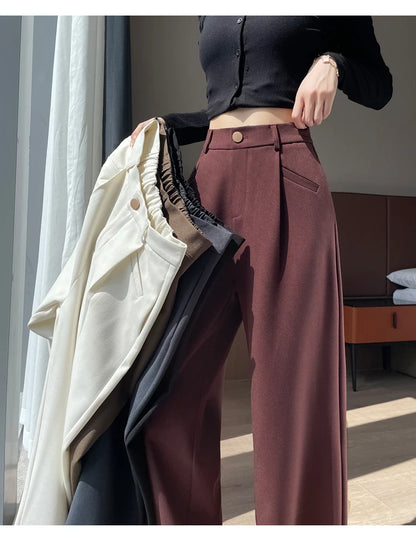 Seoulish Autumn Elegant Women's Wide Leg Pants 2024 New Korean Solid Button Casual Loose Office Full Length Trousers Female