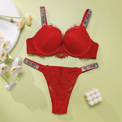 Victoria's Secret Sexy Breathable Gathered Padded New Soft Bra and Panty Set Classic Women's Lingerie Set Lace Trim Pattern