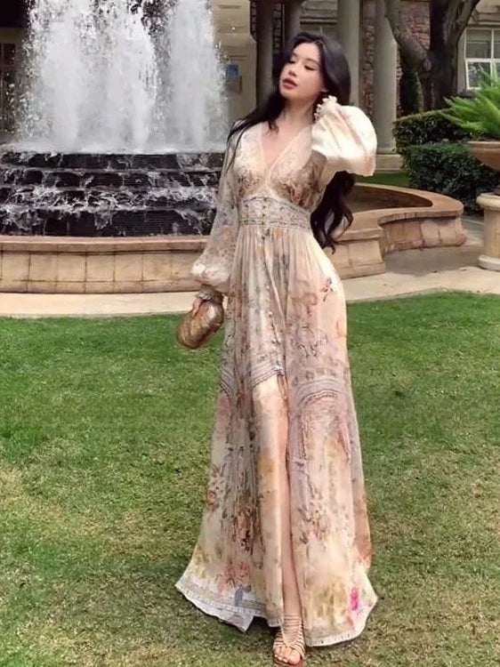 Elegant plus Size Women's Summer Vacation Style Printed Dress High Waist Embroidery V-Neck Long Skirt Lantern Sleeve