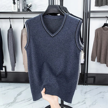 Autumn and Winter Solid Color Knitted V-neck Tank Top Men's Sleeveless Tank Top Warm Tank Top Middle Aged Shoulder Sweater