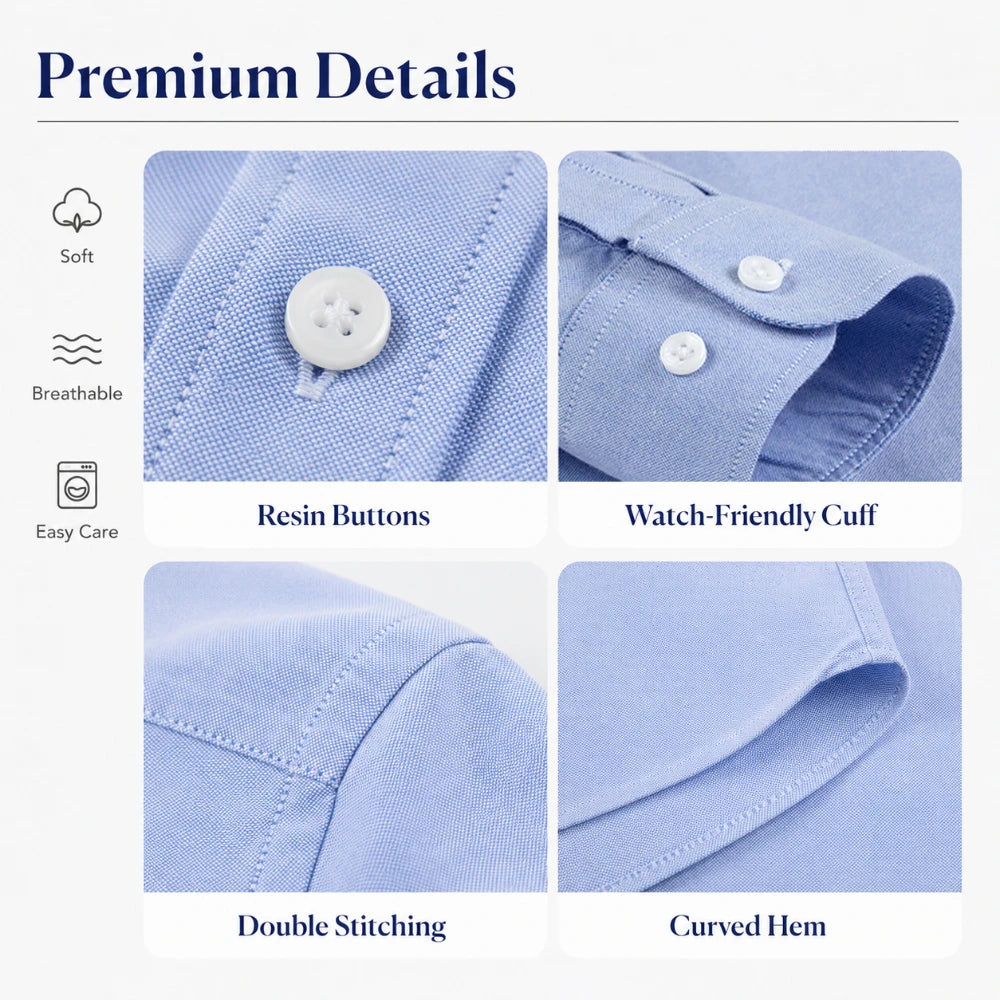 Men Cotton Oxford Shirt Long Sleeve Button Down Casual Business Shirt Pre-Shrunk Enzyme Washed Breathable Wrinkle Resistant