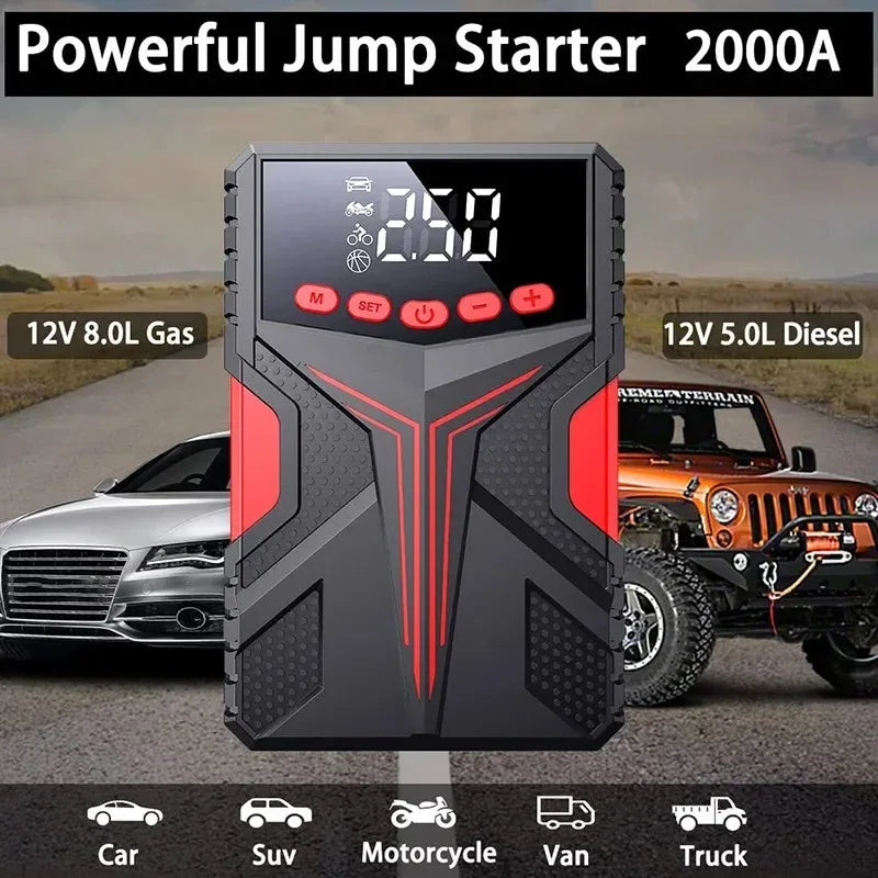 Car Jump Starter & Tire Inflator 2-in-1, Heavy Duty Battery Booster with Power Bank for 12V Petrol/Diesel Vehicles