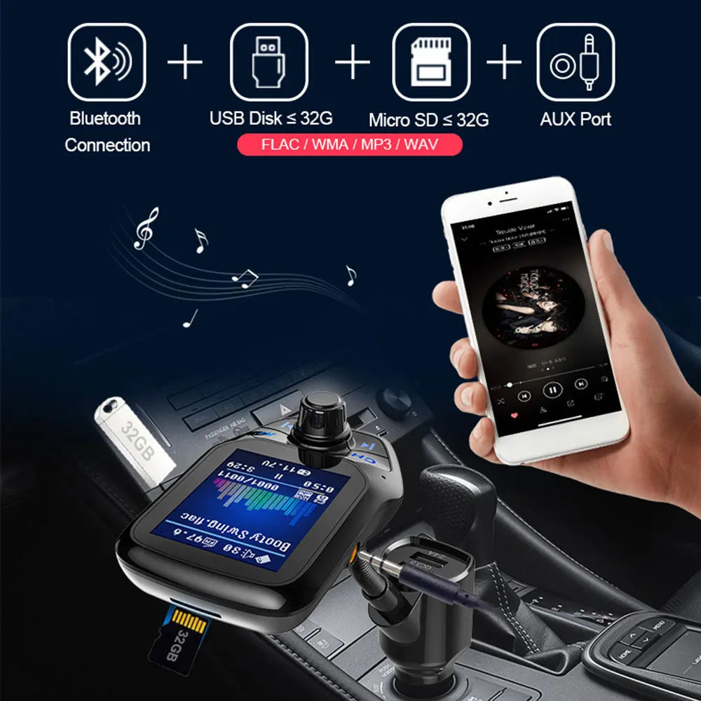 Bluetooth FM Transmitter Handsfree 1.8'' TFT Display Car radio MP3 Music USB SD EQ Player Built-in Mic Quick Charge 3.0 Adapter