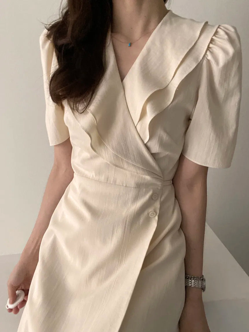 Retro Double Layered Collar Bubble Sleeve  Dress Elegant Short Sleeve V Neck Summer Casual Women's Dress