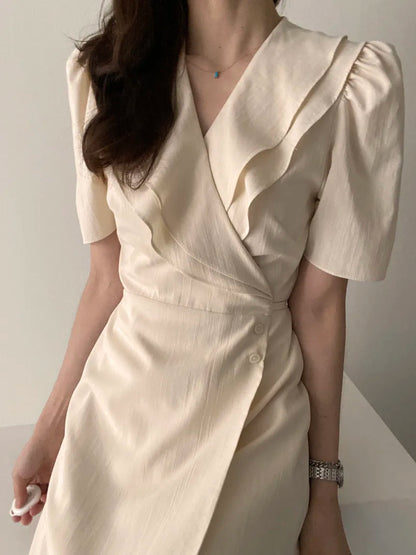 Retro Double Layered Collar Bubble Sleeve  Dress Elegant Short Sleeve V Neck Summer Casual Women's Dress