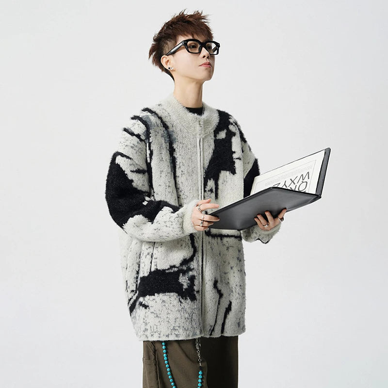 LUZHEN 2025 Winter New Original Color Contrast Ink Printed Knitted Cardigan Men Fashion Round Neck Handsome Male Sweater JY5391