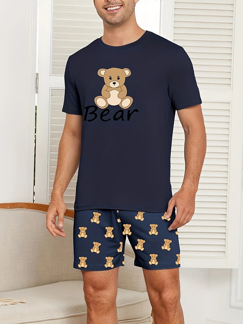 Men's Stylish Pajama 2Pcs pajama Set Short Sleeve And Plaid Shorts Comfortable Soft Sleepware Loungewear Can Be Worn Outside Pjs