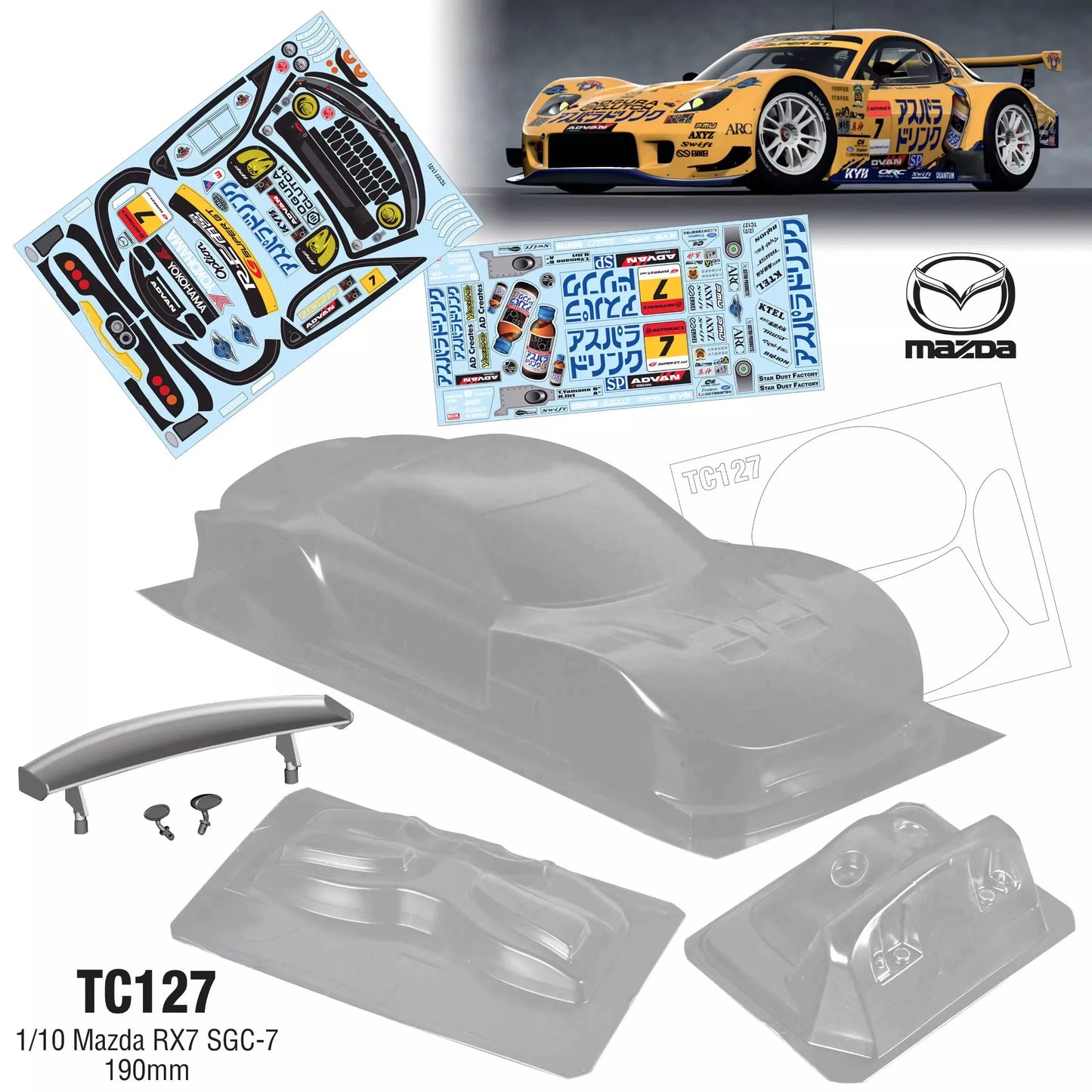 200mm Body Shells 1/10 Mazda RX7 Clear Bodywork W/Light Buckle for ONROAD Racing RC Drift Car 258mm Wheelbase