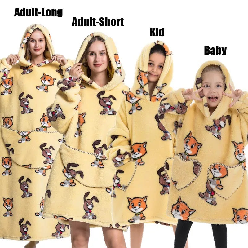 Halloween Family Matching Blanket Hoodies Women Cartoon Bear Dinosaur Sweatshirts Adult Oversized Warm Pullover Winter Clothes