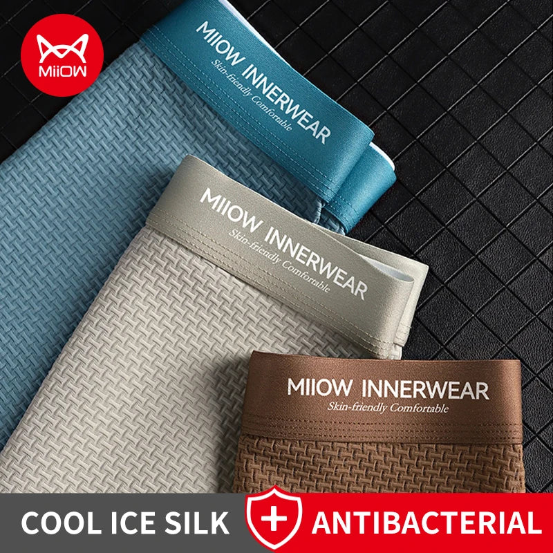 MiiOW 3Pcs Jacquard Ice Silk Men Boxer Briefs 10A Antibacterial Men's Panties Breathable Underwear Softness Man Boxer Underpants