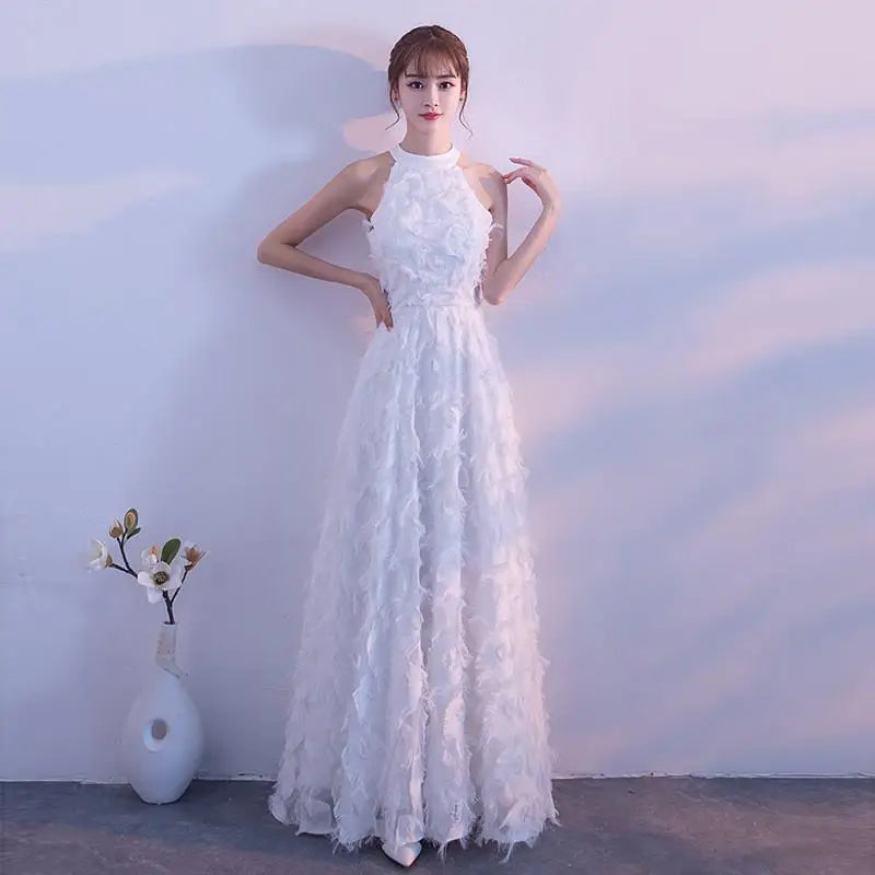 Elegant White Feather Evening Dress Hanging Neckline Engagement Birthday Adult Ceremony Ultra Fairy High End Long Skirt