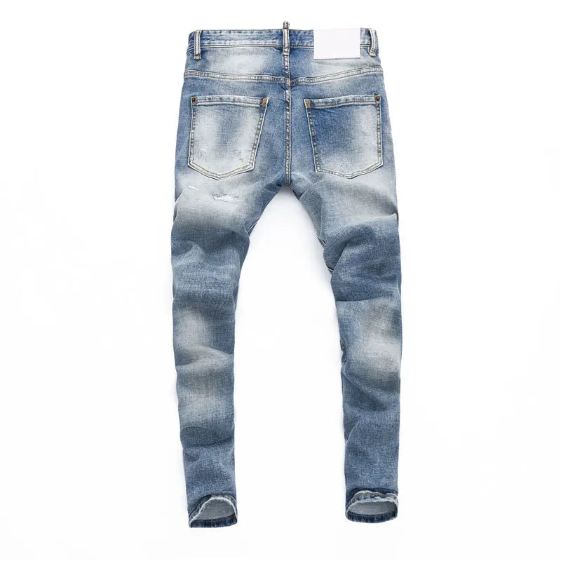 Fashionable new light blue men's jeans, elastic slim fit, washed with nostalgia, color distressed patch jeans, hip-hop brand pan