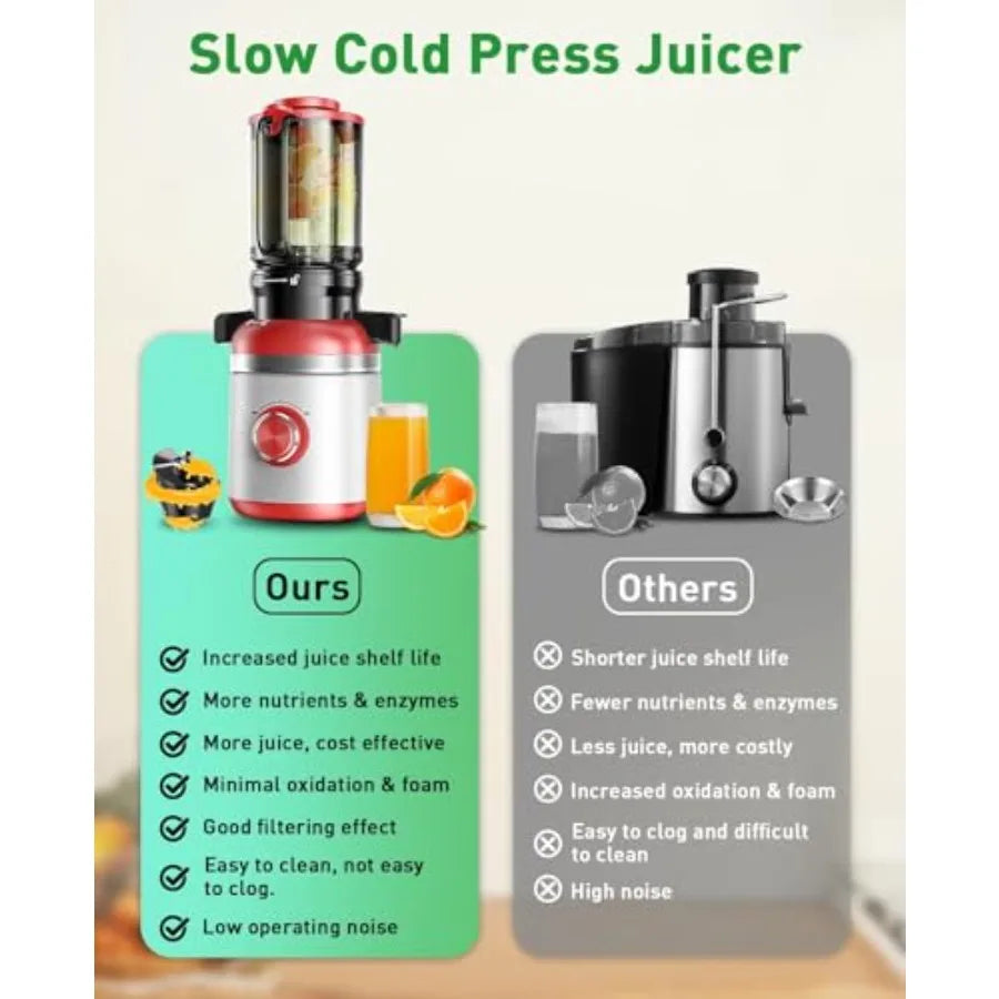 Cold Press Juicer Machines for home kitchen use, ABS plastic body, red color, wide feed chute and high juice yield