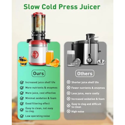 Cold Press Juicer Machines for home kitchen use, ABS plastic body, red color, wide feed chute and high juice yield