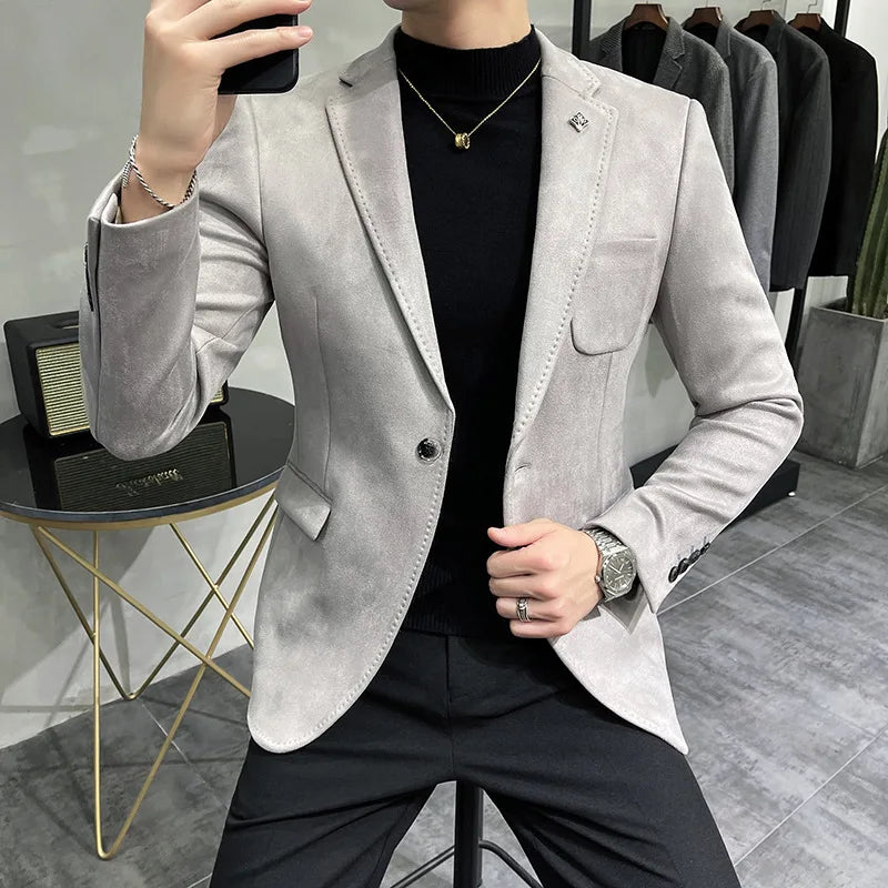 KIDWHXR Men's Fleece Jacket Suit Coat Blazer Men's Business Leisure Slim Fit Brand Fashion High Quality Single Button Suit Coat