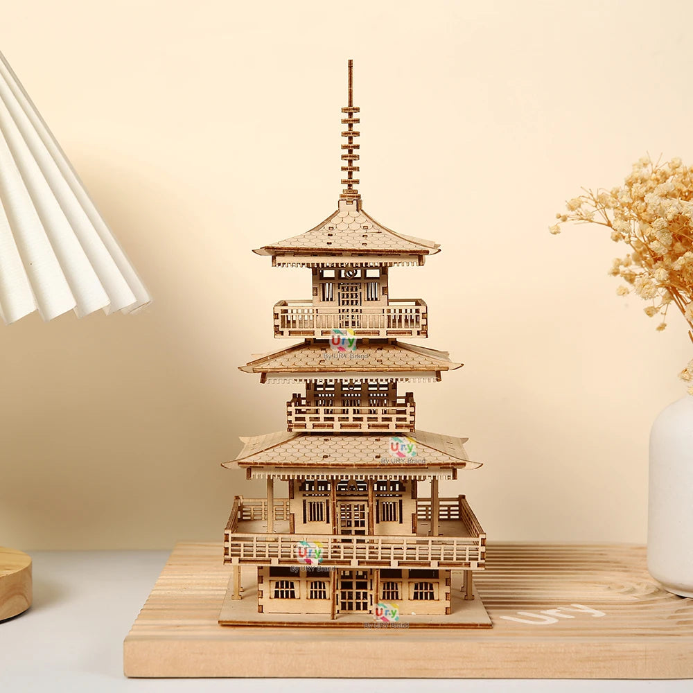 URY 3D Wooden Tower Ancient Pagoda Chinese Traditional Puzzle DIY Model Game Assembly Desktop Toy Gift for Adult