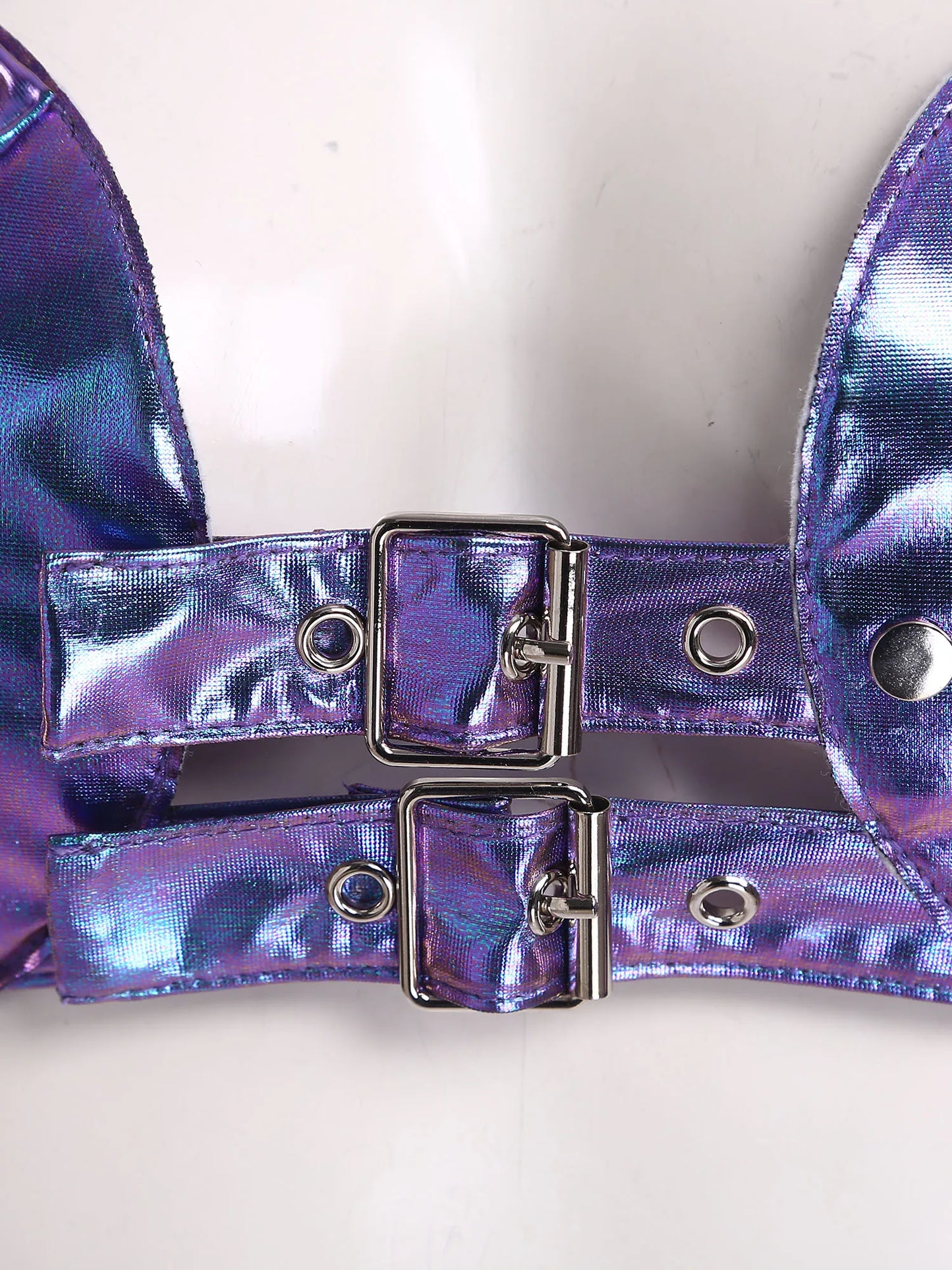 Womens Gothic Shiny Metallic Cut Out Crop Top Holographic Halter Neck Plunging Adjustable Buckles Corset Bustier Shoulder Armor