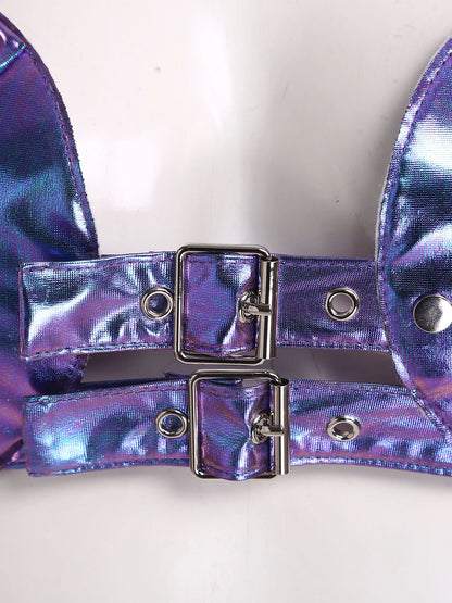 Womens Gothic Shiny Metallic Cut Out Crop Top Holographic Halter Neck Plunging Adjustable Buckles Corset Bustier Shoulder Armor