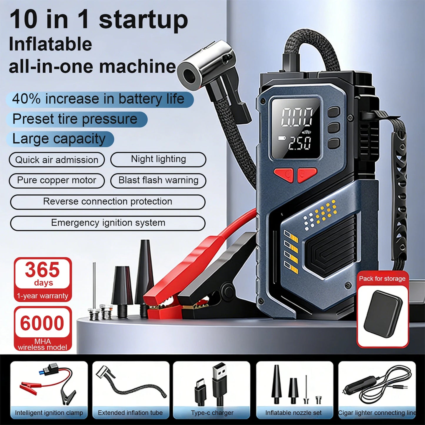 Best-seller Car Jump Starter For 12V Petrol Diesel Cars With 150PSI Air Pump/Light/Pressure Gauge,Portable Booster Jump Starter
