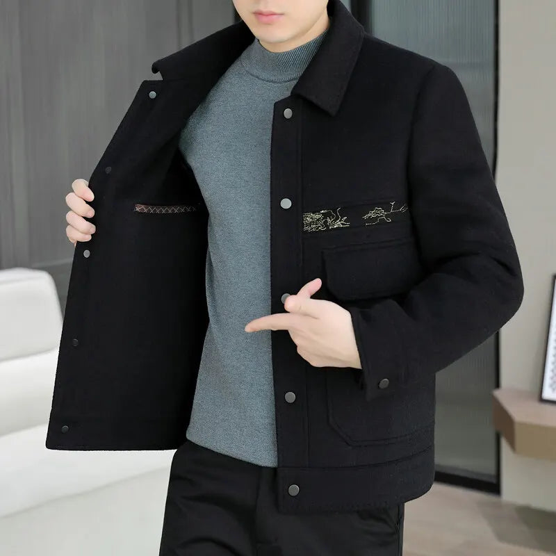 Classic Solid Color Woolen Jacket for Men Winter Thick and Warm Casual Business Trench Coat Fashion Slim Fit Streetwear Overcoat
