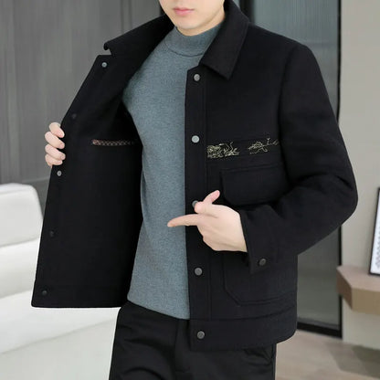 Classic Solid Color Woolen Jacket for Men Winter Thick and Warm Casual Business Trench Coat Fashion Slim Fit Streetwear Overcoat