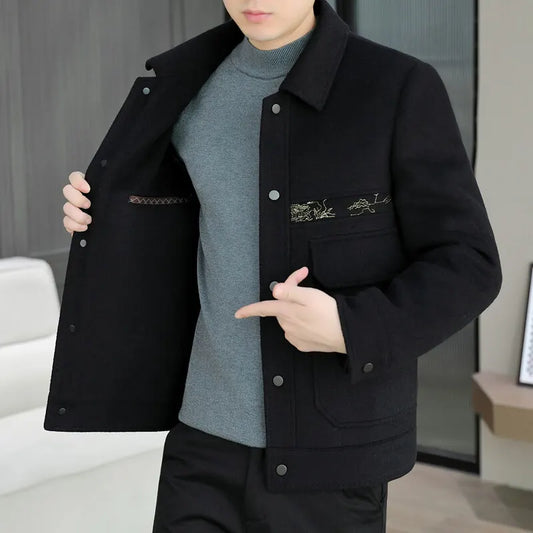 Classic Solid Color Woolen Jacket for Men Winter Thick and Warm Casual Business Trench Coat Fashion Slim Fit Streetwear Overcoat