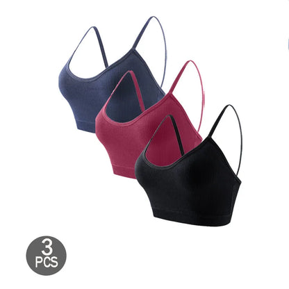 3PCS Women's Ribbed Cotton Bra With Chest Cushion Beautiful Back Sling Tank Top for Yoga Girl's Shock-absorbing Sports Underwear