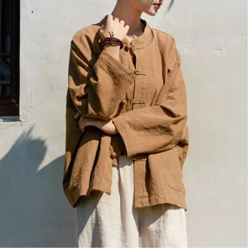 Retro Chinese Cotton Linen Shirt Jacket Women Spring Zen Collar Button Long Sleeve Slimming Linen Outerwear Top