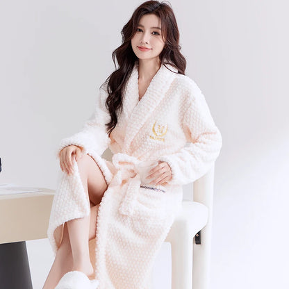 Thiened Coral Fce Robe Long Plu Spwear for Couples Autumn Winter Sle Home Clothes Outerwear Polyester Fiber