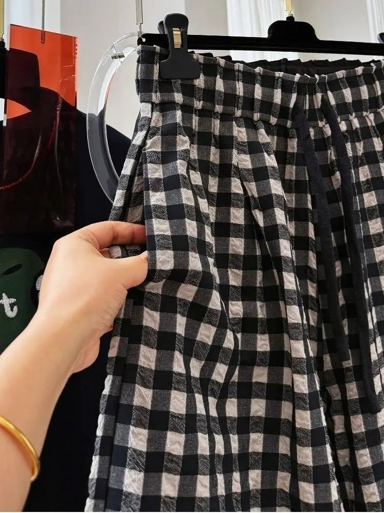 Women Korean Plaid Harem Pants Summer Linen Cotton Elastic Waist Cropped Pants High Grade Casual Loose Fashion Daily Trousers