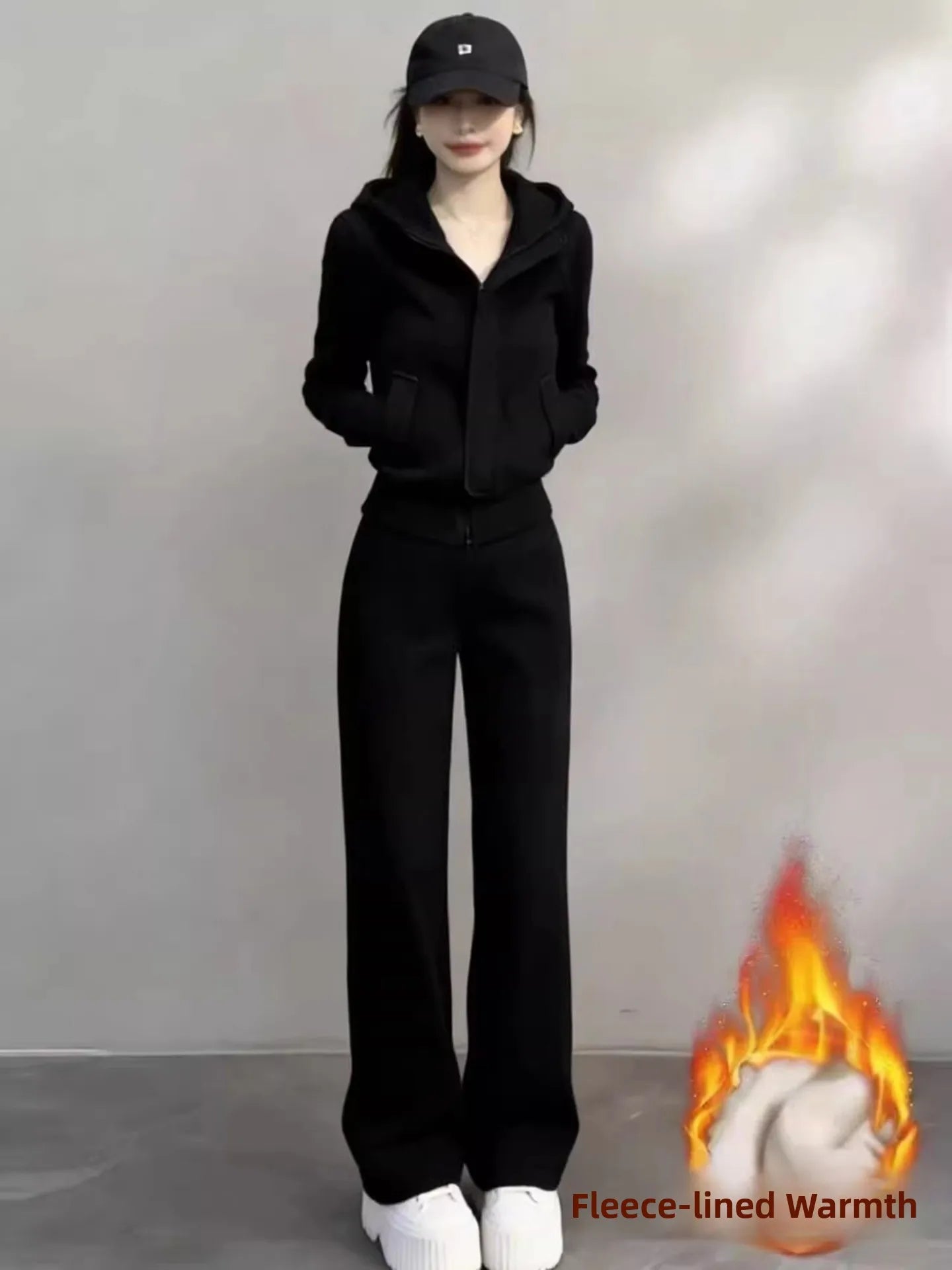 Korean Style Fleece Lined Thick Casual Sportswear Set Women Winter Stand Collar Jacket Wide Leg Pants Sweatshirt Two Piece Set